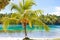 Photo Untouched Tropical Beach in Bali Island. Palm with fruits. Vertical Picture. Fishboat Blurred Background