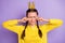 Photo of upset crying young woman braids wear yellow pullover tiara arms tears isolated purple color background