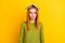 Photo of upset ginger hair millennial lady book on head wear eyewear green sweater isolated on yellow color background