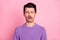 Photo of upset unhappy young guy wear violet sweater crying isolated pastel pink color background