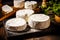 Photo of a variety of cheeses displayed on a rustic wooden cutting board