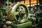 Photo of a vibrant green spinning wheel in a fully equipped machine shop. Modern metal processing at an industrial enterprise.