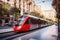 Photo of a vibrant red and white train or tram speeding down train tracks in the city