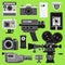Photo video camera tools optic lenses set. Different types photo-objective retro video-equipment, professional movie