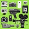 Photo video vector camera tools optic lenses set. Different types photo-objective retro video-equipment, professional