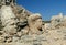Photo with the view of huge stone heads of statues of Greek gods on Mount Nemrut Dag, in Turkey