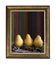 A photo in a vintage frame. Delicious yellow Pear Williams on a wooden background of colored wooden boards. Illustration for adver