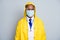 Photo of virologist doctor expert dark skin guy virology department abroad professional wear epidemic clothes yellow