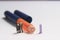 Photo Walking Mini Figure Toy Sitting Beyond Insulin Pen at White Background