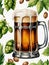 Photo Of Watercolor Collection Beer Mug And Bottle Of Beer, Hops And Malts, Hand Painted Oktoberfest Design Element. Generative AI