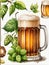 Photo Of Watercolor Collection Beer Mug And Bottle Of Beer, Hops And Malts, Hand Painted Oktoberfest Design Element. Generative AI