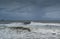 Photo of waves and surfers in Alexandra Headland Beach under dark cloudy skies