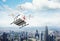 Photo White Generic Design Remote Control Air Drone Flying Sky Medical Box Under Urban Surface.Modern City Background