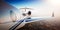 Photo of White Luxury Generic Design Private Jet Flying in Blue Sky at sunset.Uninhabited Desert Mountains Background