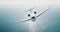Photo of white luxury generic design private jet flying over the empty sea. Blue sky at background.Business travel