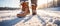 Photo of winter boots standing on a snowy style weather cold walk lifestyle activity