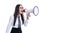 photo of woman advertising with loudspeaker. woman advertising with loudspeaker