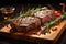 Photo Wooden cutting board scene grilled beef steak with rosemary spices