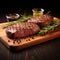 Photo Wooden cutting board scene grilled beef steak with rosemary spices