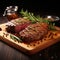 Photo Wooden cutting board scene grilled beef steak with rosemary spices