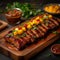 Photo Wooden plank presentation pork belly braaivleis with mango, chili sauce