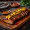 Photo Wooden plank presentation pork belly braaivleis with mango, chili sauce