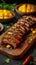 Photo Wooden plank presentation pork belly braaivleis with mango, chili sauce