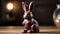 Photo Of On A Wooden Table, A Chocolate Easter Rabbit Is Holding Hefty Weights, Composition, Easter That Includes. Generative AI