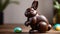 Photo Of On A Wooden Table, A Chocolate Easter Rabbit Is Holding Hefty Weights, Composition, Easter That Includes. Generative AI