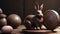 Photo Of On A Wooden Table, A Chocolate Easter Rabbit Is Holding Hefty Weights, Composition, Easter That Includes. Generative AI