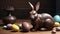 Photo Of On A Wooden Table, A Chocolate Easter Rabbit Is Holding Hefty Weights, Composition, Easter That Includes. Generative AI