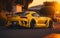 A photo yellow car model on the street at sunset, 3d render