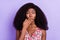 Photo of young afro girl cover lips hand oops fail mistake worried nervous isolated over purple color background