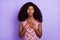 Photo of young afro girl hands on chest appreciate thankful dream enjoy isolated over violet color background