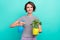 Photo of young attractive girl happy positive smile flower plant spray water care isolated over teal color background