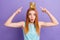 Photo of young attractive girl happy positive smile point fingers golden crown queen royal isolated over purple color