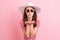 Photo of young attractive girl pouted lips send air kiss sunhat summer isolated over pink color background