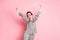 Photo of young attractive girl wakeup morning yawn stretch wear pajamas isolated over pink color background