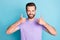 Photo of young attractive man show thumbs-up ad promo like perfect choice isolated over blue color background