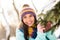 Photo of young attractive woman happy positive smile dream forest woods wear colorful headwear snowy frost