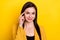 Photo of young attractive woman happy positive smile finger touch head think remember isolated over yellow color