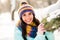 Photo of young attractive woman happy positive smile winter forest woods wear colorful scarf weekend