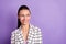 Photo of young beautiful attractive smiling positive dreamy businesswoman look copyspace isolated on violet color