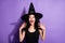 Photo of young beautiful cheerful smiling amazed girl witch see big sale discount isolated on violet color background