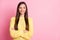 Photo of young beautiful confident dreamy good mood girl look copyspace folded arms isolated on pink color background