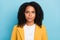Photo of young black business woman serious confident agent manager isolated over blue color background