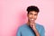 Photo of young black man happy positive smile think dream look empty space isolated over pastel color background