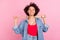 Photo of young cheerful happy afro american woman hold hands baseball bat isolate on pink color background