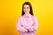 Photo of young cheerful lady crossed hands clever confident attorney isolated over yellow color background