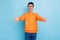 Photo of young cheerful man happy positive smile excited friendly glad want to hug you isolated over blue color